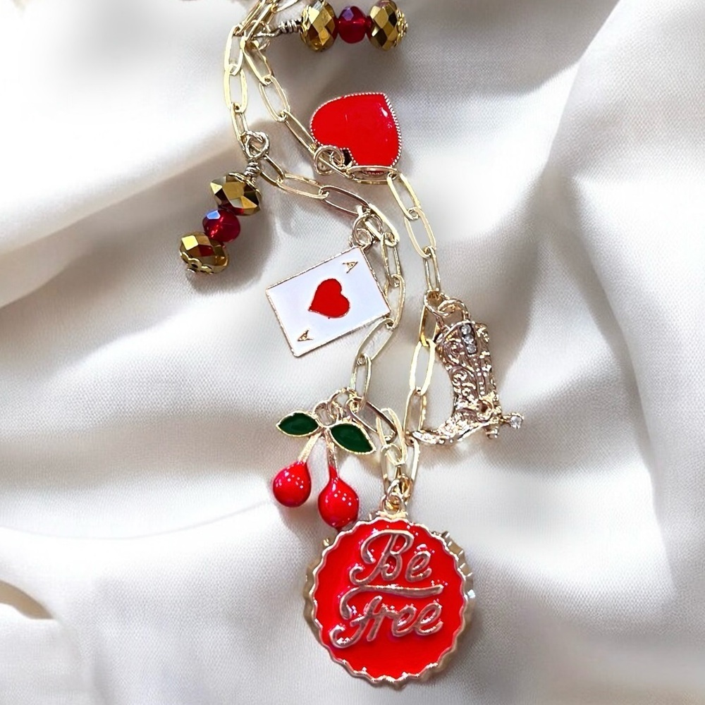 Gold toned dainty and fun Charm Necklace cherries, heart, boot and crystals - Picture 14 of 17